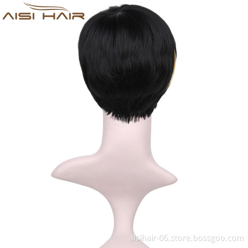 Short Pixie Cut Hair Wig High Temperature Synthetic Straight Wigs with Ombre Red Bangs For Women